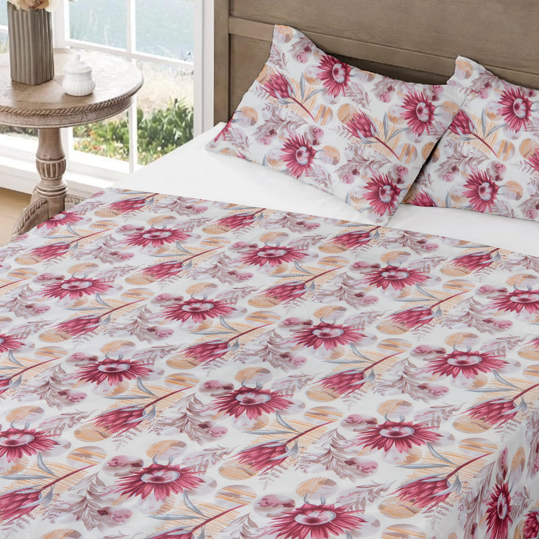 RD TREND Bedsheet for Double Bed 90 x 100 Inches, Glace Cotton Double Bedsheet with 2 Pillow Covers 18 x 28 Inches (Flower-Red)