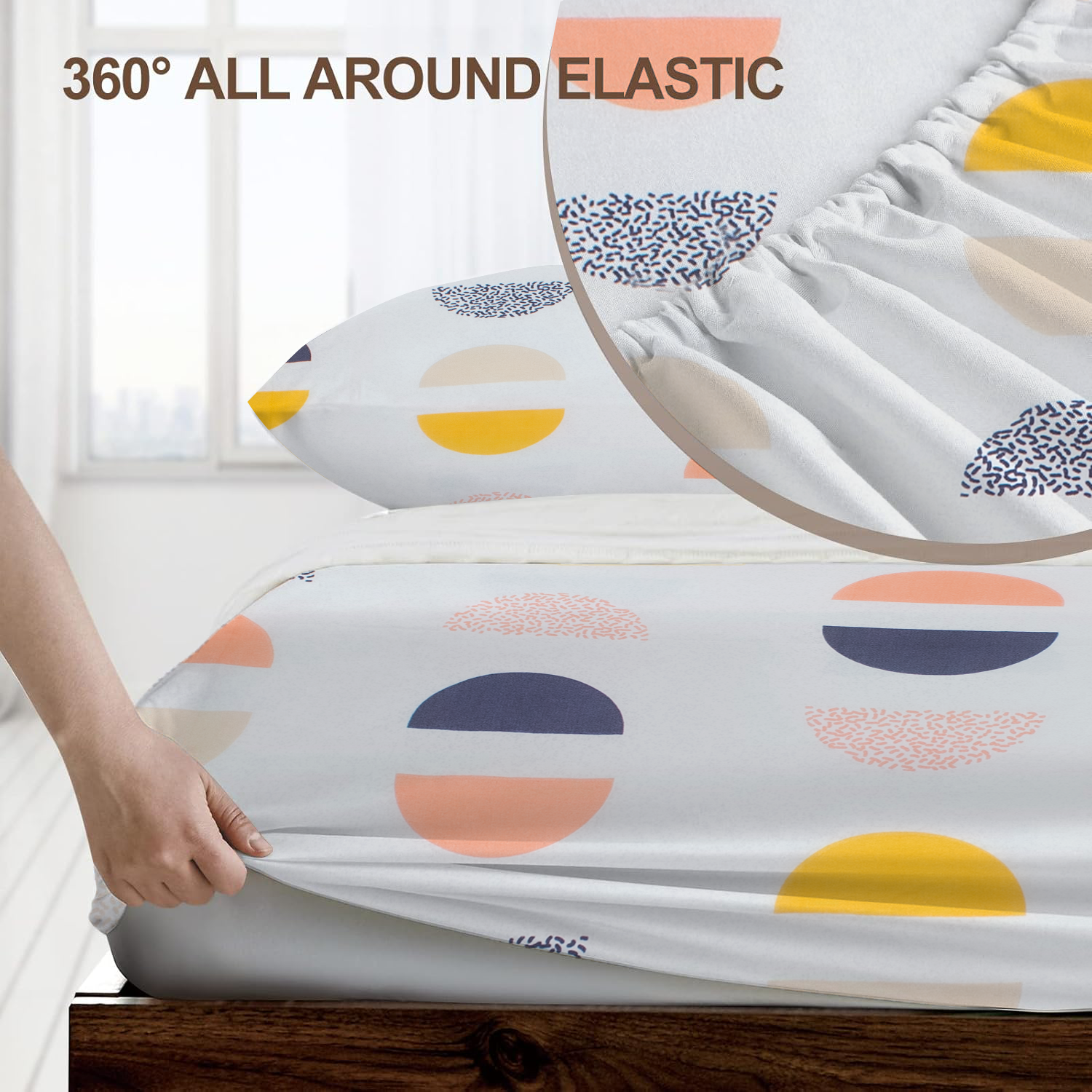 RD TREND® 360° Fitted Bedsheets King Size 72x78x8 Inch, Elastic Bedsheets for King Size Bed with 2 Pillow Covers-18x28 Inch (Circls-White)