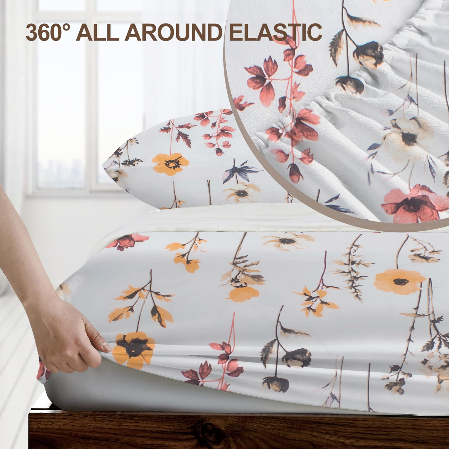 RD TREND® 360° Fitted Bedsheets Double Size 78x60x8 Inch, Elastic Bedsheets for Queen Size Bed with 2 Pillow Covers-18x28 Inch (Flower-Multi)