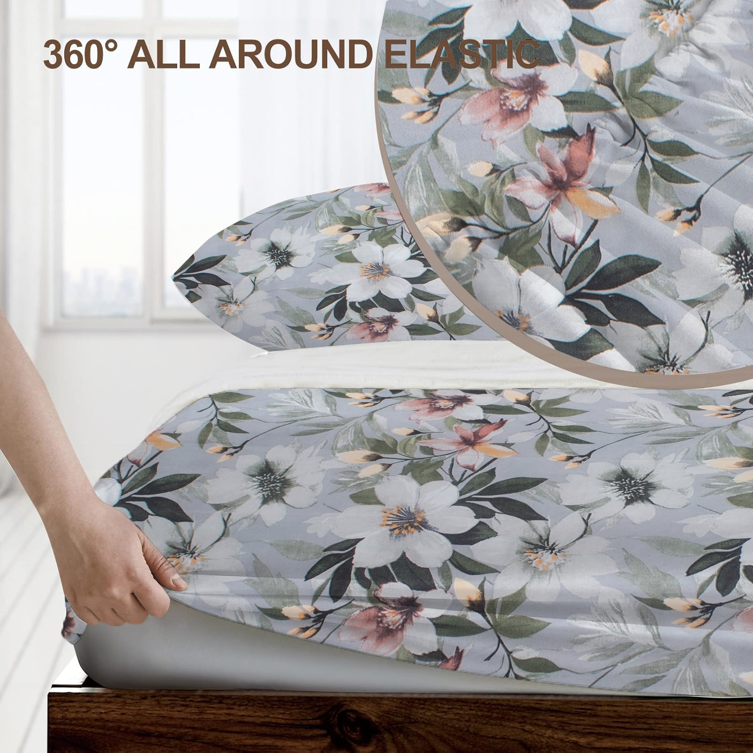 RD TREND® 360° Fitted Bedsheets Double Size 78x60x8 Inch, Elastic Bedsheets for Queen Size Bed with 2 Pillow Covers-18x28 Inch (Flower-Green)