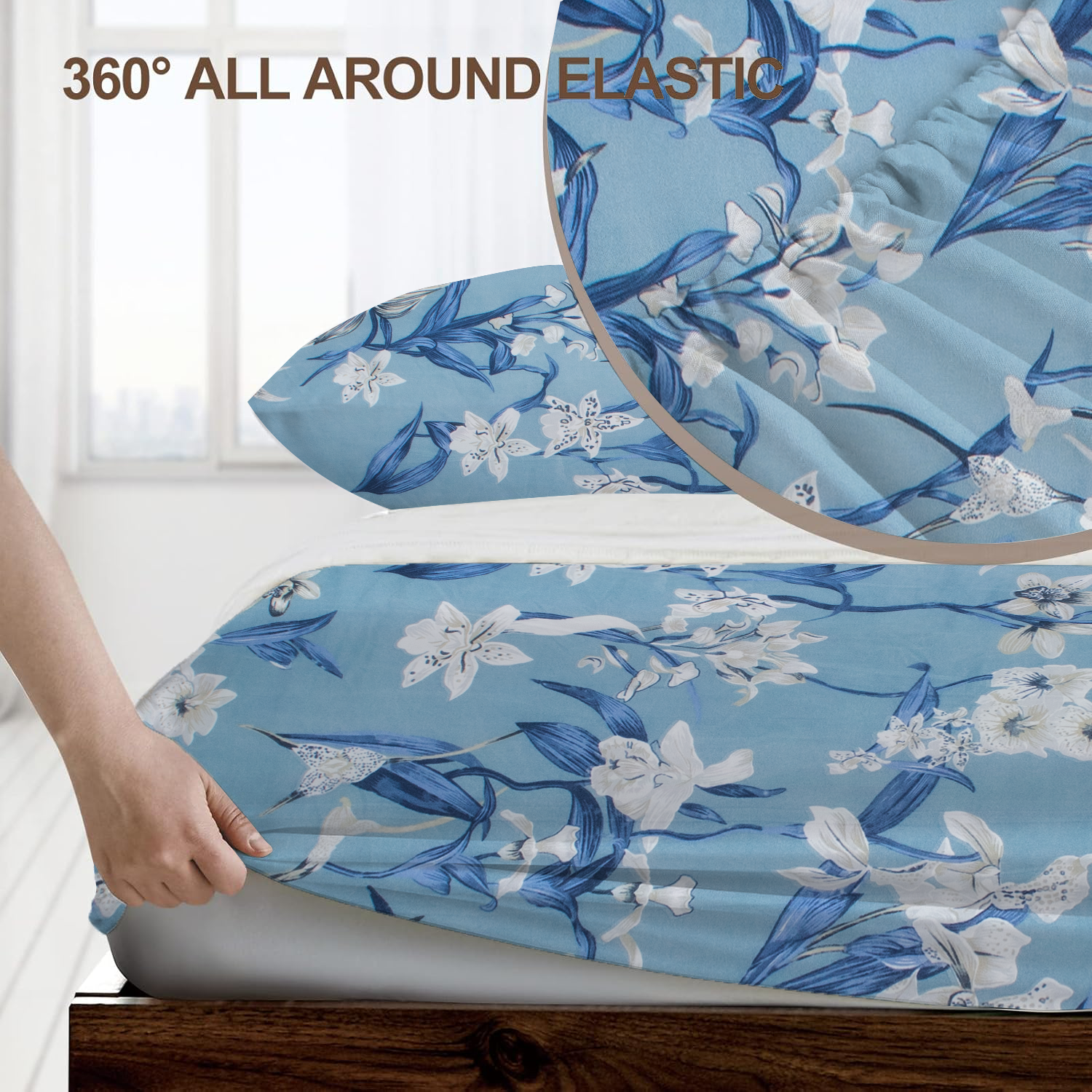 RD TREND® 360° Fitted Bedsheets Double Size 78x60x8 Inch, Elastic Bedsheets for Queen Size Bed with 2 Pillow Covers-18x28 Inch (Floral-Blue)