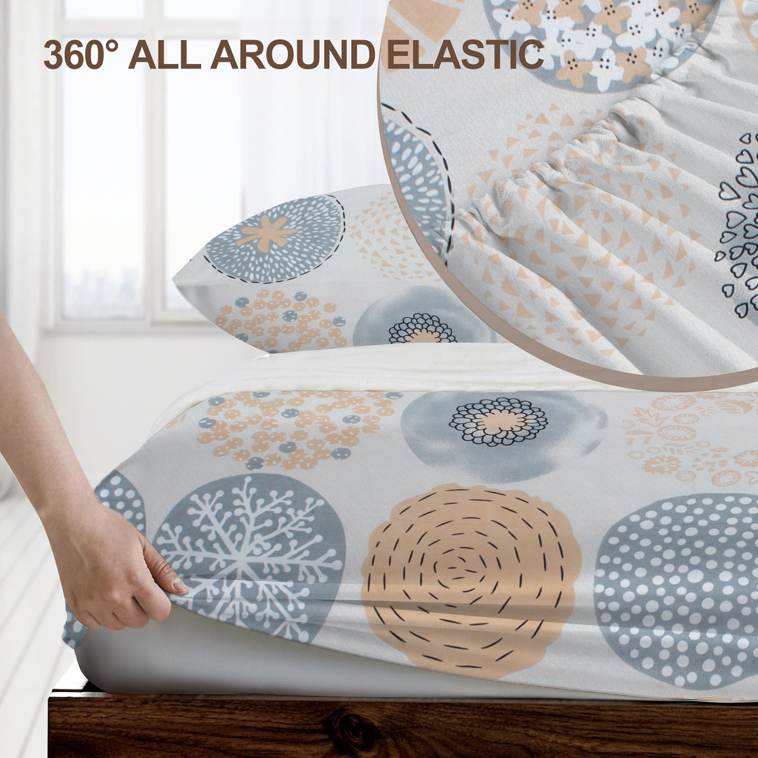 RD TREND® 360° Fitted Bedsheets Double Size 78x60x8 Inch, Elastic Bedsheets for Queen Size Bed with 2 Pillow Covers-18x28 Inch (Circls-Brown)