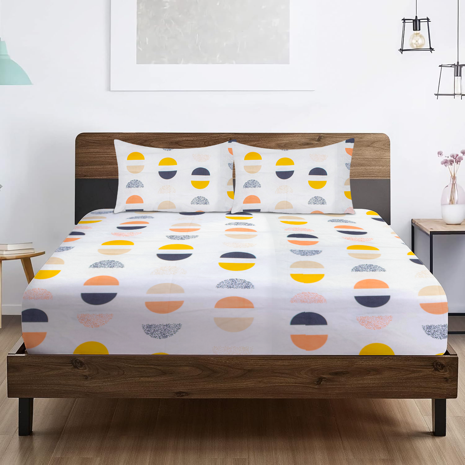 RD TREND® 360° Fitted Bedsheets Double Size 78x60x8 Inch, Elastic Bedsheets for Queen Size Bed with 2 Pillow Covers-18x28 Inch (Circls-White)