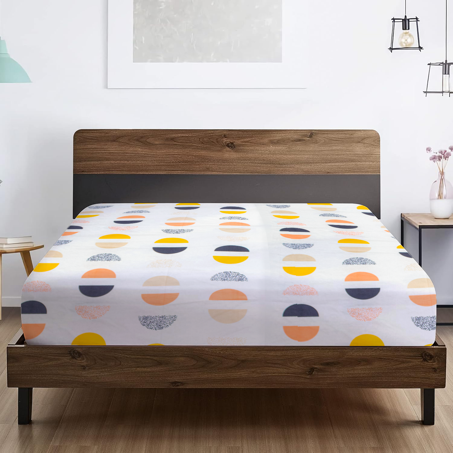 RD TREND® 360° Fitted Bedsheets King Size 72x78x8 Inch, Elastic Bedsheets for King Size Bed with 2 Pillow Covers-18x28 Inch (Circls-White)