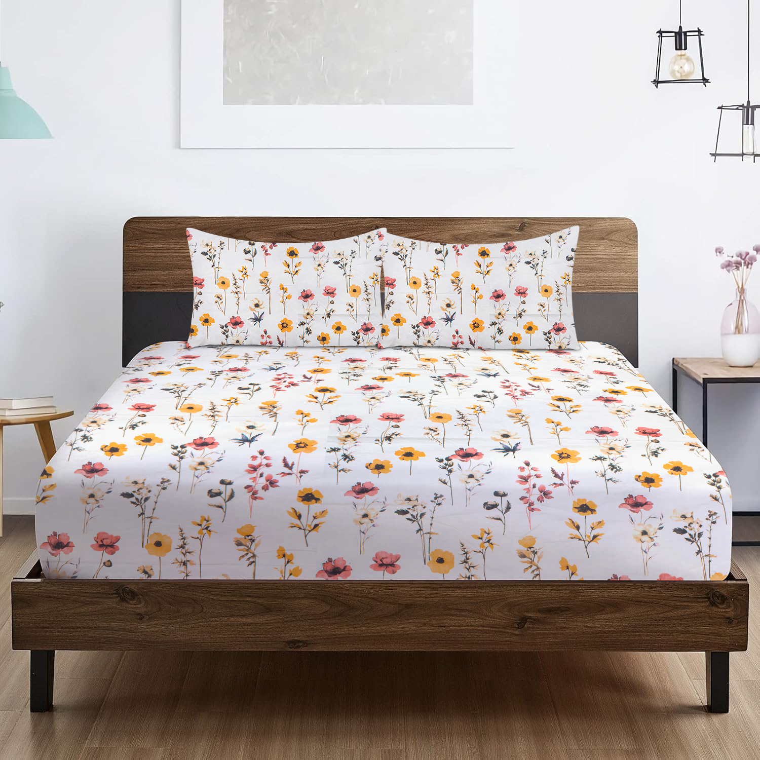 RD TREND® 360° Fitted Bedsheets Double Size 78x60x8 Inch, Elastic Bedsheets for Queen Size Bed with 2 Pillow Covers-18x28 Inch (Flower-Multi)