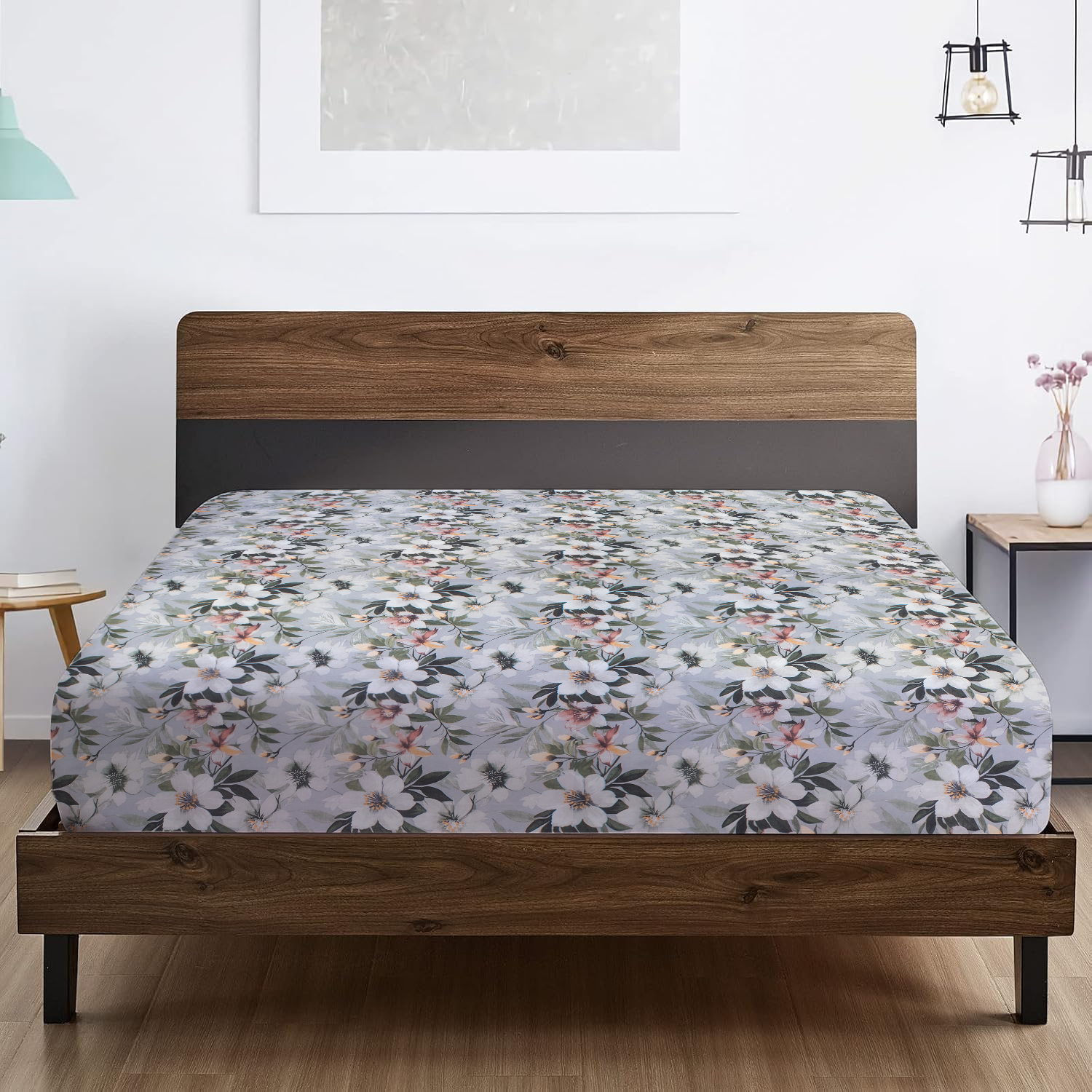 RD TREND® 360° Fitted Bedsheets Double Size 78x60x8 Inch, Elastic Bedsheets for Queen Size Bed with 2 Pillow Covers-18x28 Inch (Flower-Green)