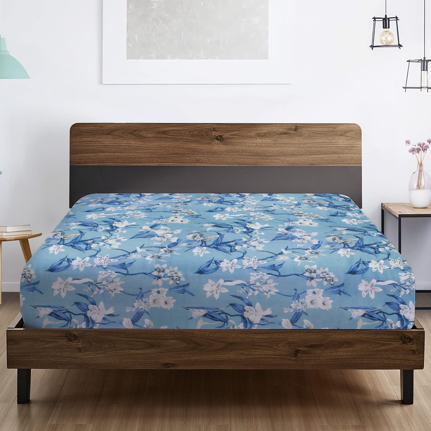 RD TREND® 360° Fitted Bedsheets Double Size 78x60x8 Inch, Elastic Bedsheets for Queen Size Bed with 2 Pillow Covers-18x28 Inch (Floral-Blue)