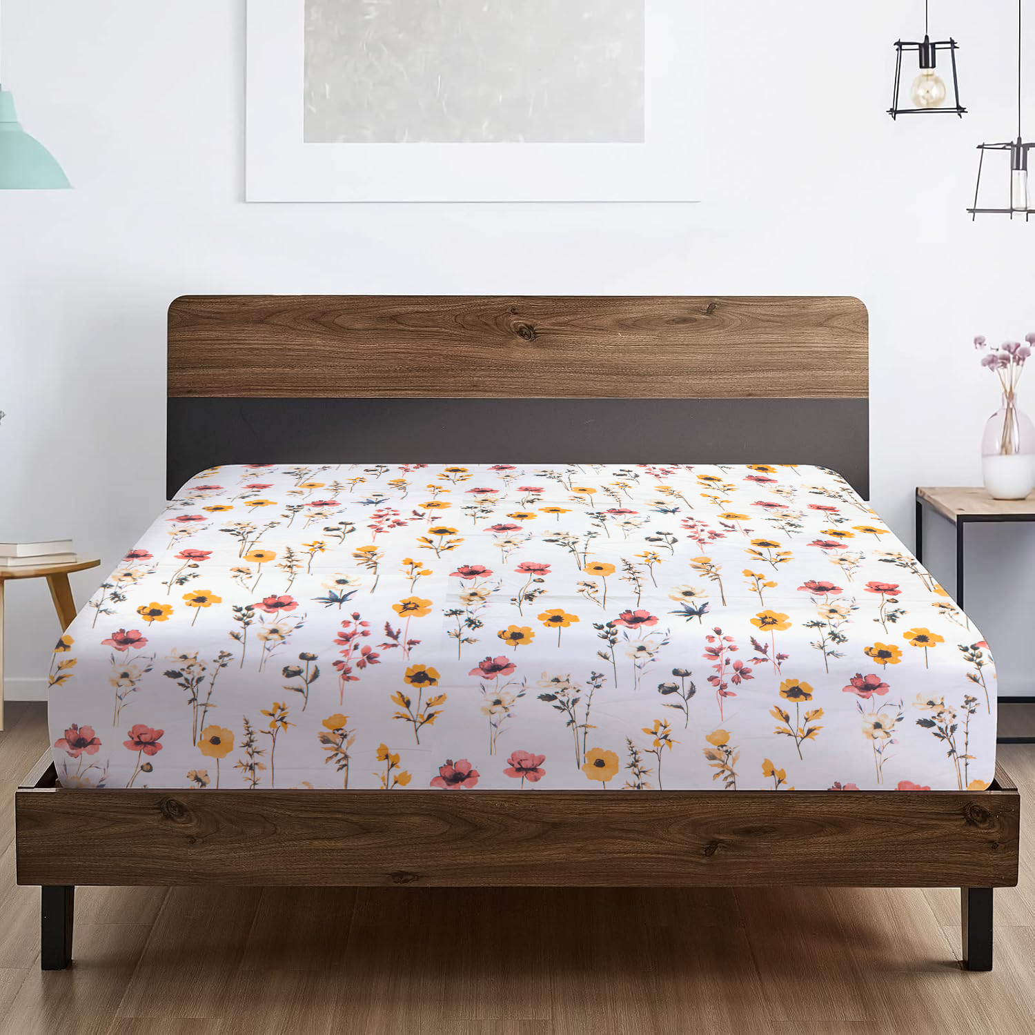 RD TREND® 360° Fitted Bedsheets King Size 72x78x8 Inch, Elastic Bedsheets for King Size Bed with 2 Pillow Covers-18x28 Inch (Flower-Multi)