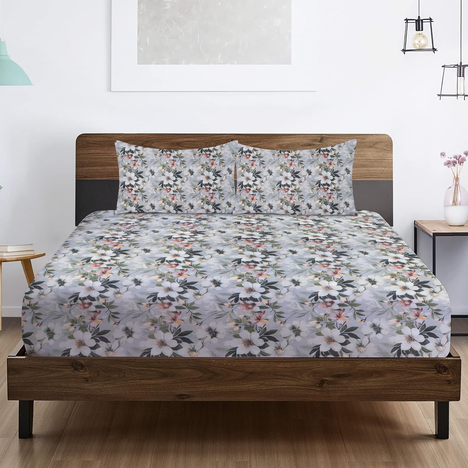 RD TREND® 360° Fitted Bedsheets Double Size 78x60x8 Inch, Elastic Bedsheets for Queen Size Bed with 2 Pillow Covers-18x28 Inch (Flower-Green)