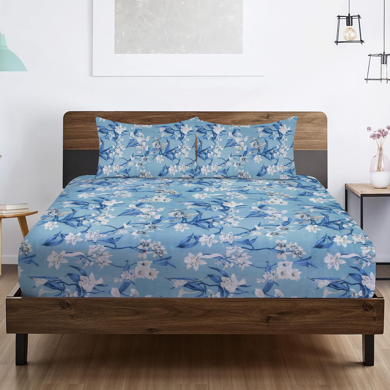 RD TREND® 360° Fitted Bedsheets Double Size 78x60x8 Inch, Elastic Bedsheets for Queen Size Bed with 2 Pillow Covers-18x28 Inch (Floral-Blue)