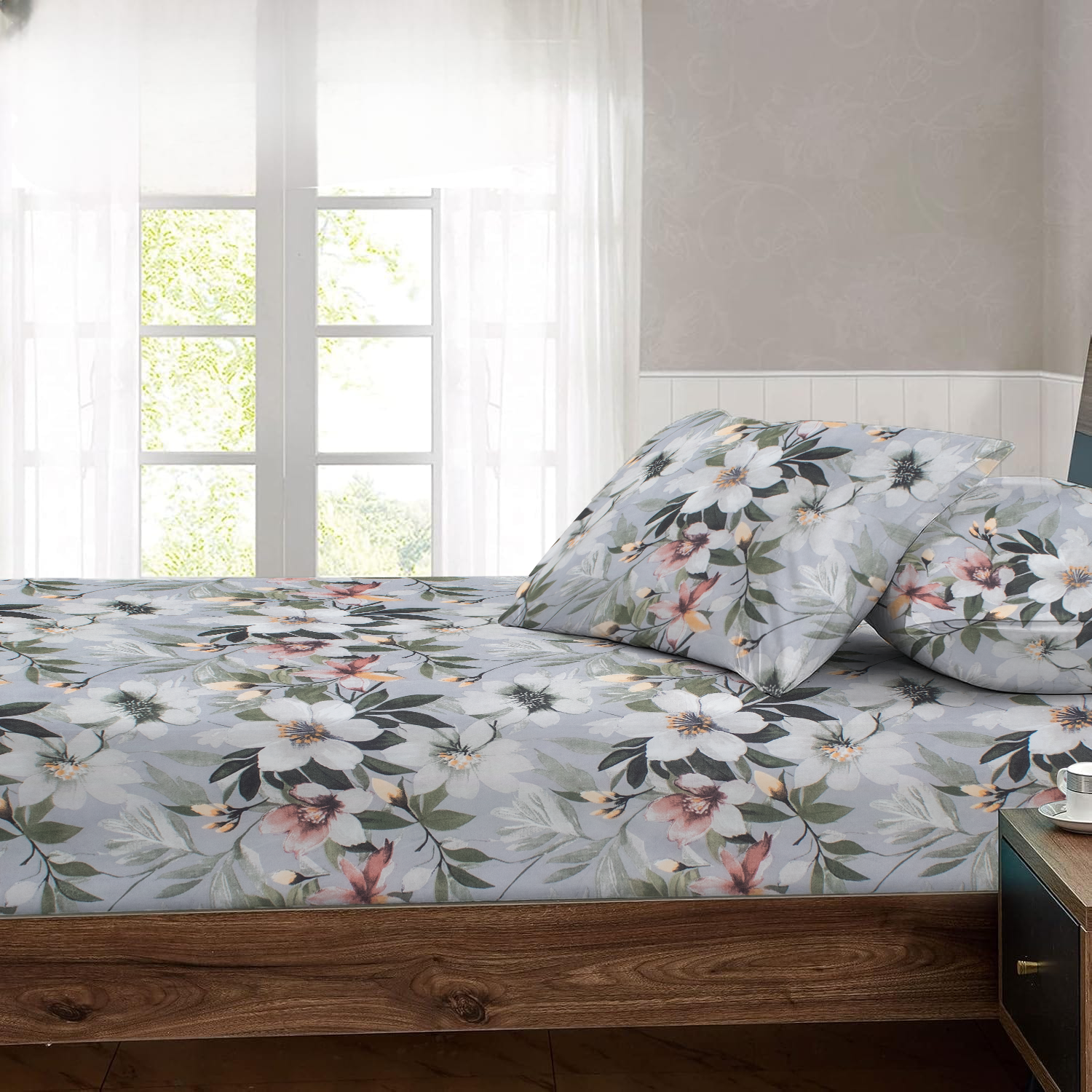 RD TREND® 360° Fitted Bedsheets Double Size 78x60x8 Inch, Elastic Bedsheets for Queen Size Bed with 2 Pillow Covers-18x28 Inch (Flower-Green)