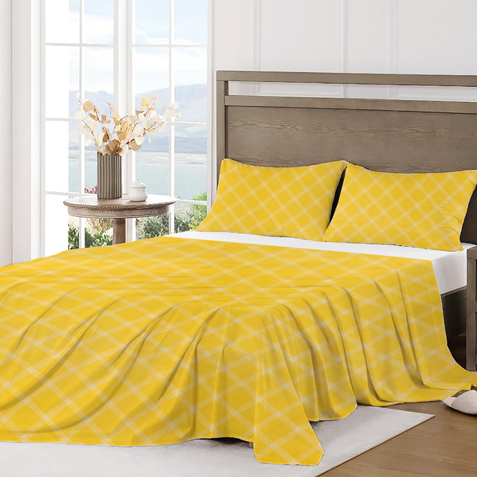RD TREND Bedsheet for Double Bed 90 x 100 Inches, Glace Cotton Double Bedsheet with 2 Pillow Covers 18 x 28 Inches (Lines-Yellow)