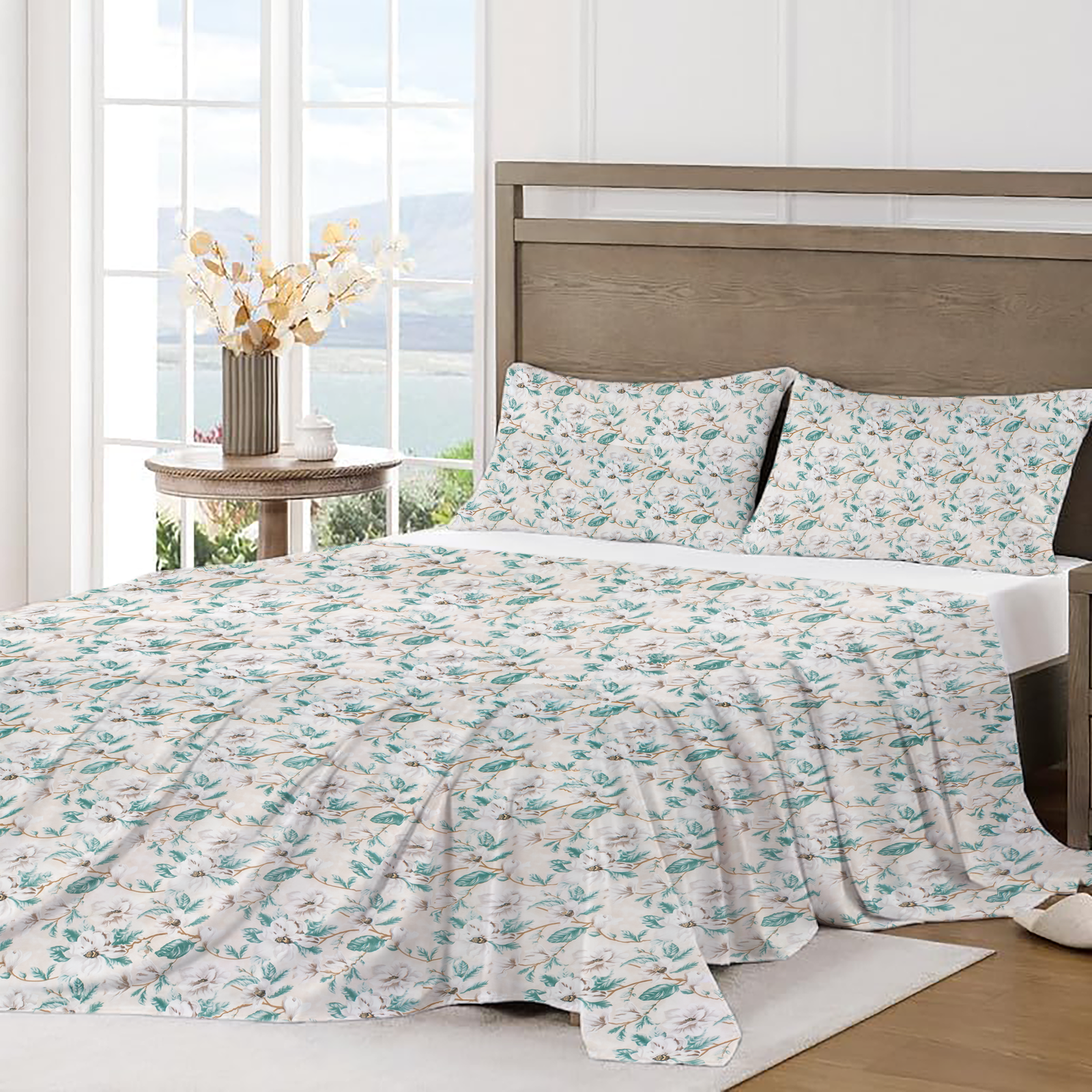 RD TREND Bedsheet for Double Bed 90 x 100 Inches, Glace Cotton Double Bedsheet with 2 Pillow Covers 18 x 28 Inches (Flower-Brown)