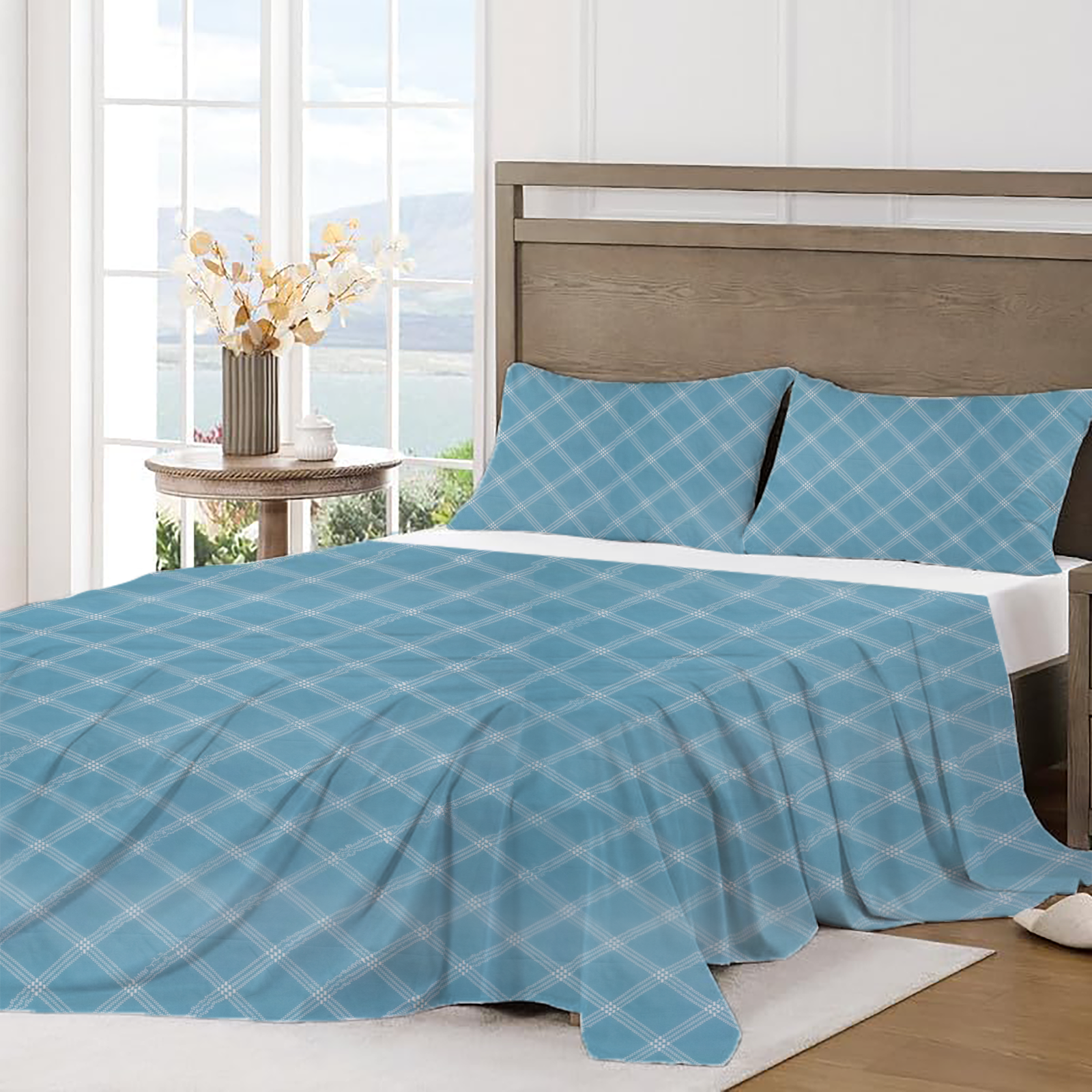 RD TREND Bedsheet for Double Bed 90 x 100 Inches, Glace Cotton Double Bedsheet with 2 Pillow Covers 18 x 28 Inches (Lines-Blue)