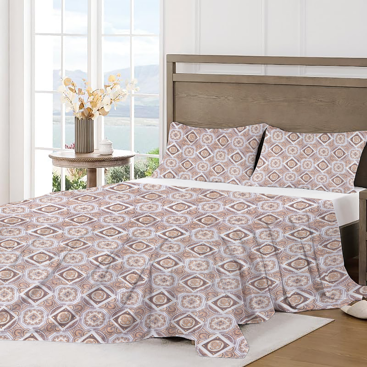 RD TREND Bedsheet for Double Bed 90 x 100 Inches, Glace Cotton Double Bedsheet with 2 Pillow Covers 18 x 28 Inches (Check-Brown)