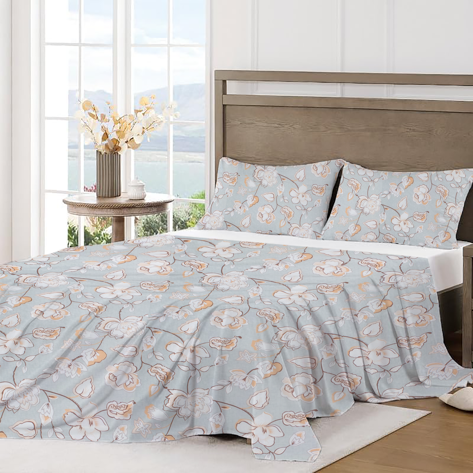 RD TREND Bedsheet for Double Bed 90 x 100 Inches, Glace Cotton Double Bedsheet with 2 Pillow Covers 18 x 28 Inches (Flower-Grey)