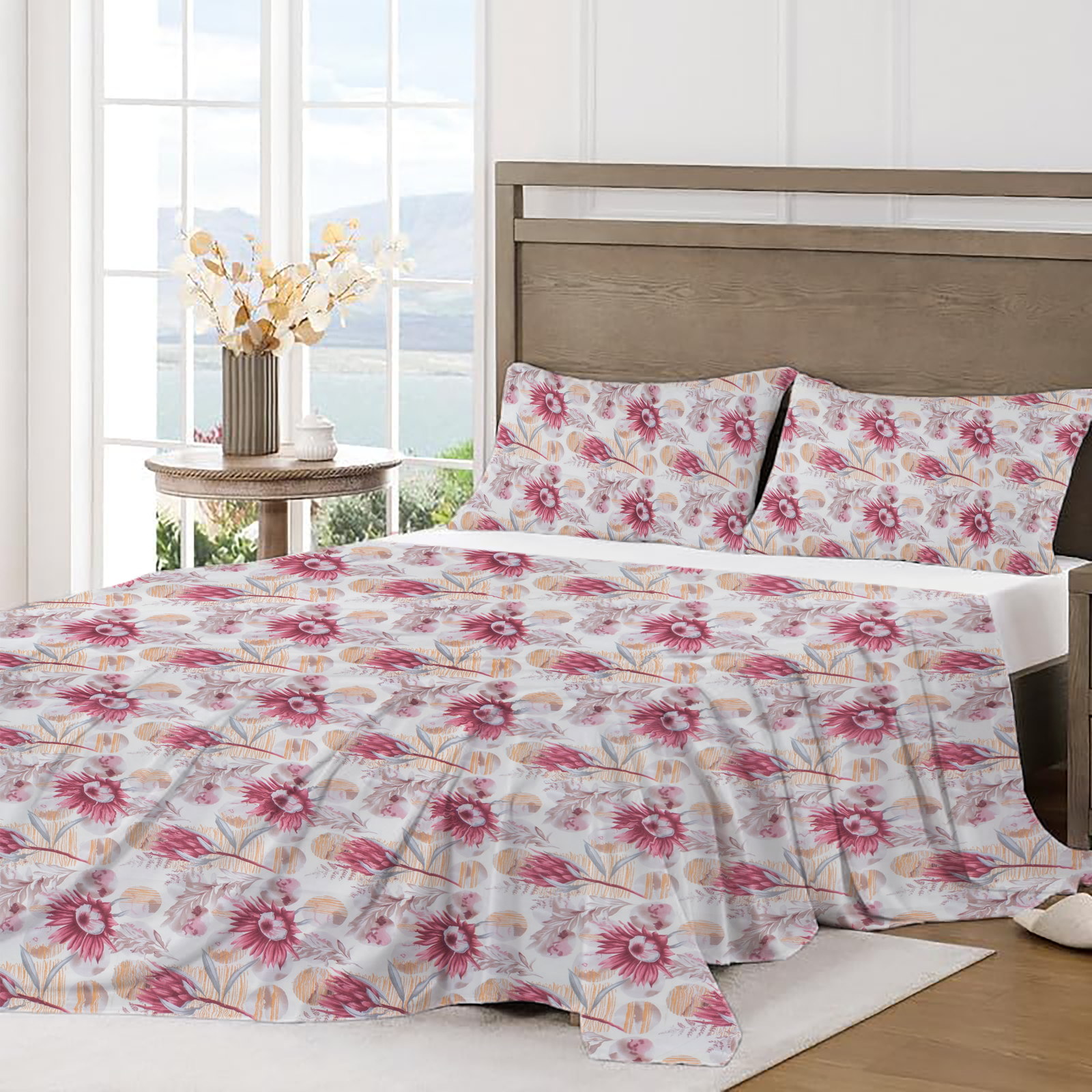 RD TREND Bedsheet for Double Bed 90 x 100 Inches, Glace Cotton Double Bedsheet with 2 Pillow Covers 18 x 28 Inches (Flower-Red)