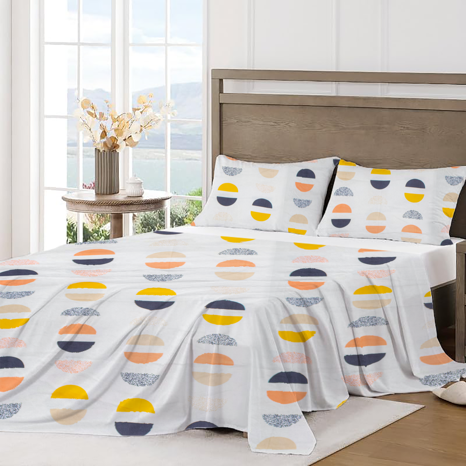 RD TREND Bedsheet for Double Bed 90 x 100 Inches, Glace Cotton Double Bedsheet with 2 Pillow Covers 18 x 28 Inches (Circls-White)