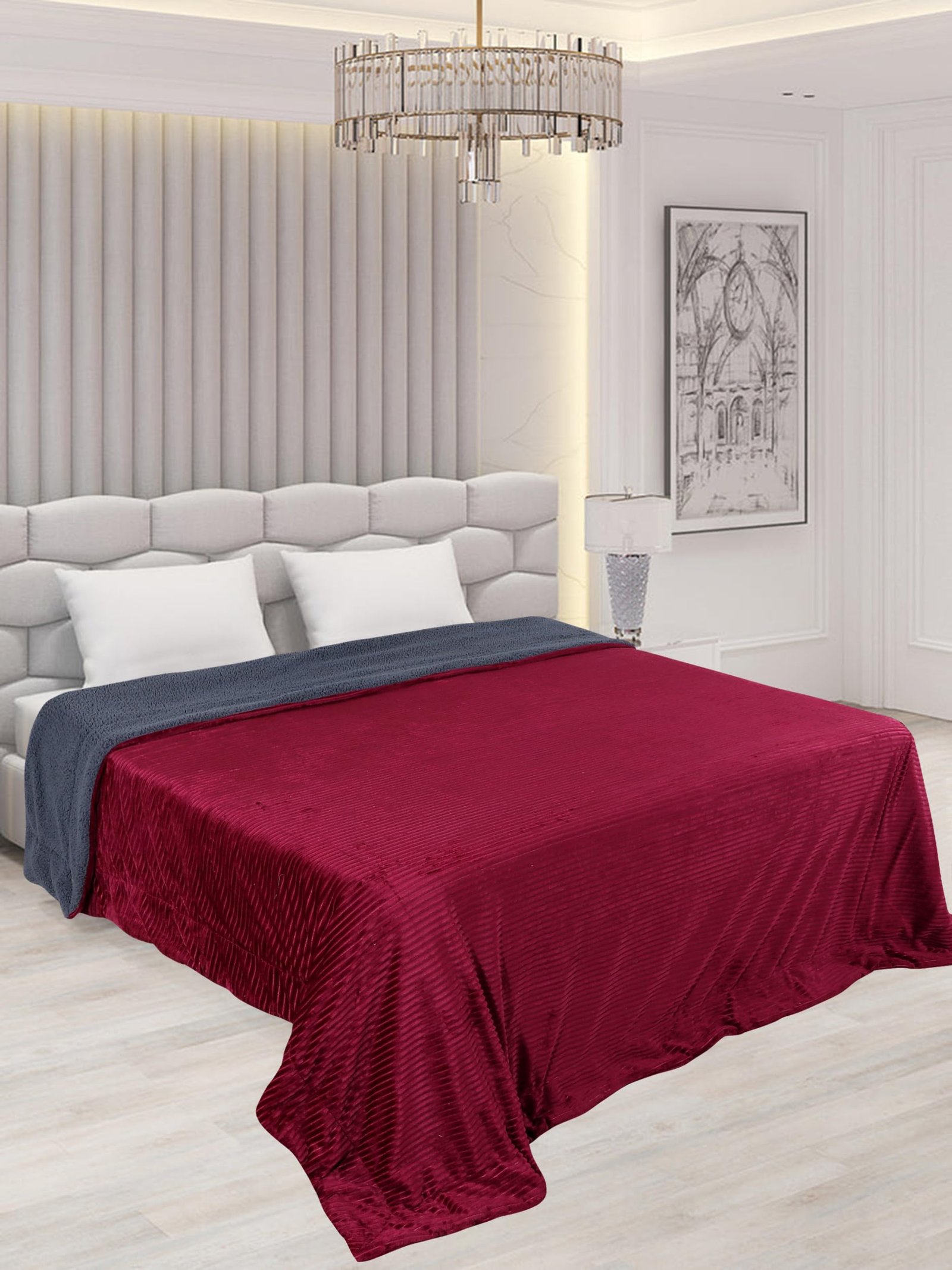 RD TREND Premium Blanket Double Bed/Mild Winter Sherpa Blanket Super Soft Stripe Flannel for Bed, Sofa, Couch, Camping and Travel (Maroon)