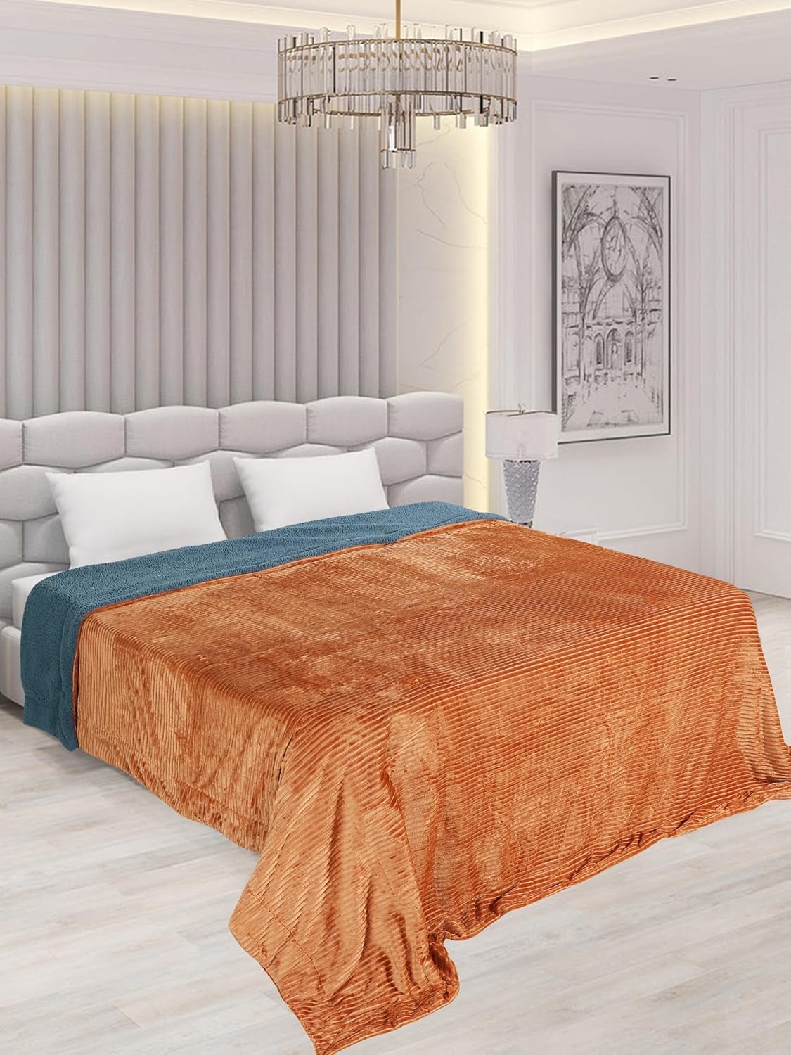 RD TREND Premium Blanket Double Bed/Mild Winter Sherpa Blanket Super Soft Stripe Flannel for Bed, Sofa, Couch, Camping and Travel (Light Mustard)