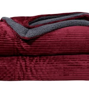 RD TREND Premium Blanket Double Bed/Mild Winter Sherpa Blanket Super Soft Stripe Flannel for Bed, Sofa, Couch, Camping and Travel (Maroon)