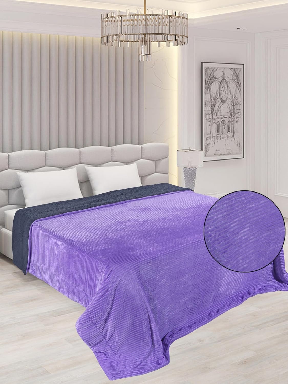 RD TREND Premium Blanket Double Bed/Mild Winter Sherpa Blanket Super Soft Stripe Flannel for Bed, Sofa, Couch, Camping and Travel (Lavender )