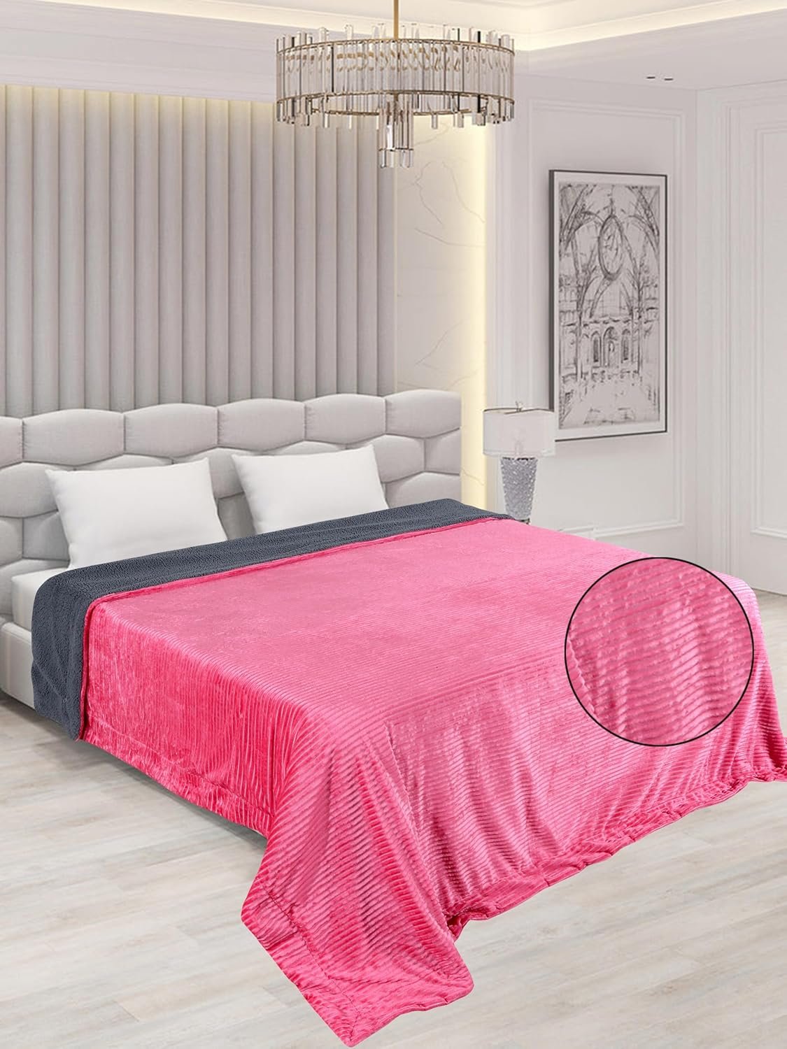 RD TREND Premium Blanket Double Bed/Mild Winter Sherpa Blanket Super Soft Stripe Flannel for Bed, Sofa, Couch, Camping and Travel (Selmon)