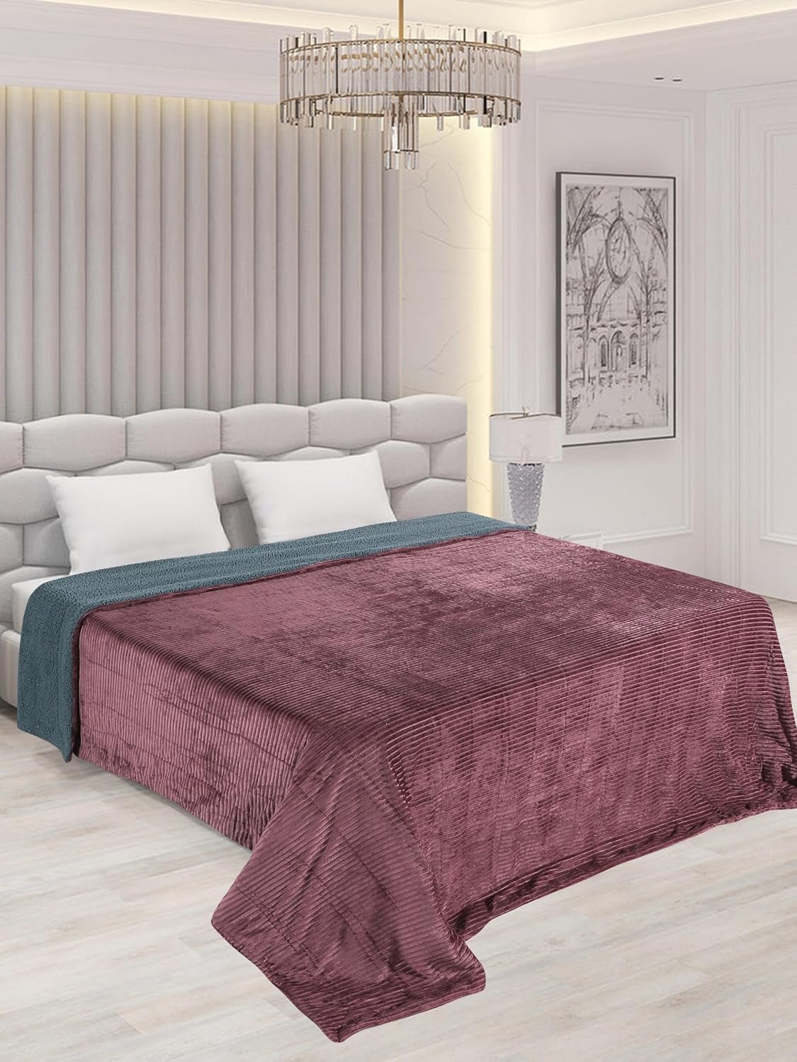 RD TREND Premium Blanket Double Bed/Mild Winter Sherpa Blanket Super Soft Stripe Flannel for Bed, Sofa, Couch, Camping and Travel (Wine)