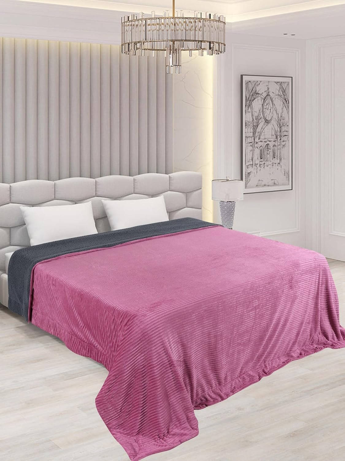 RD TREND Premium Blanket Double Bed/Mild Winter Sherpa Blanket Super Soft Stripe Flannel for Bed, Sofa, Couch, Camping and Travel (Pink)