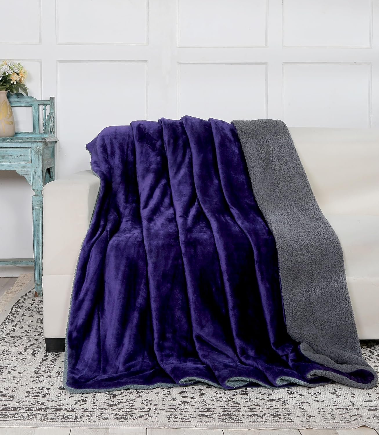 RD TREND Premium Double Bed/Mild Winter Sherpa Blanket Super Soft Flannel for Bed, Sofa, Couch, Camping and Travel (Plain) (Navy-Blue)