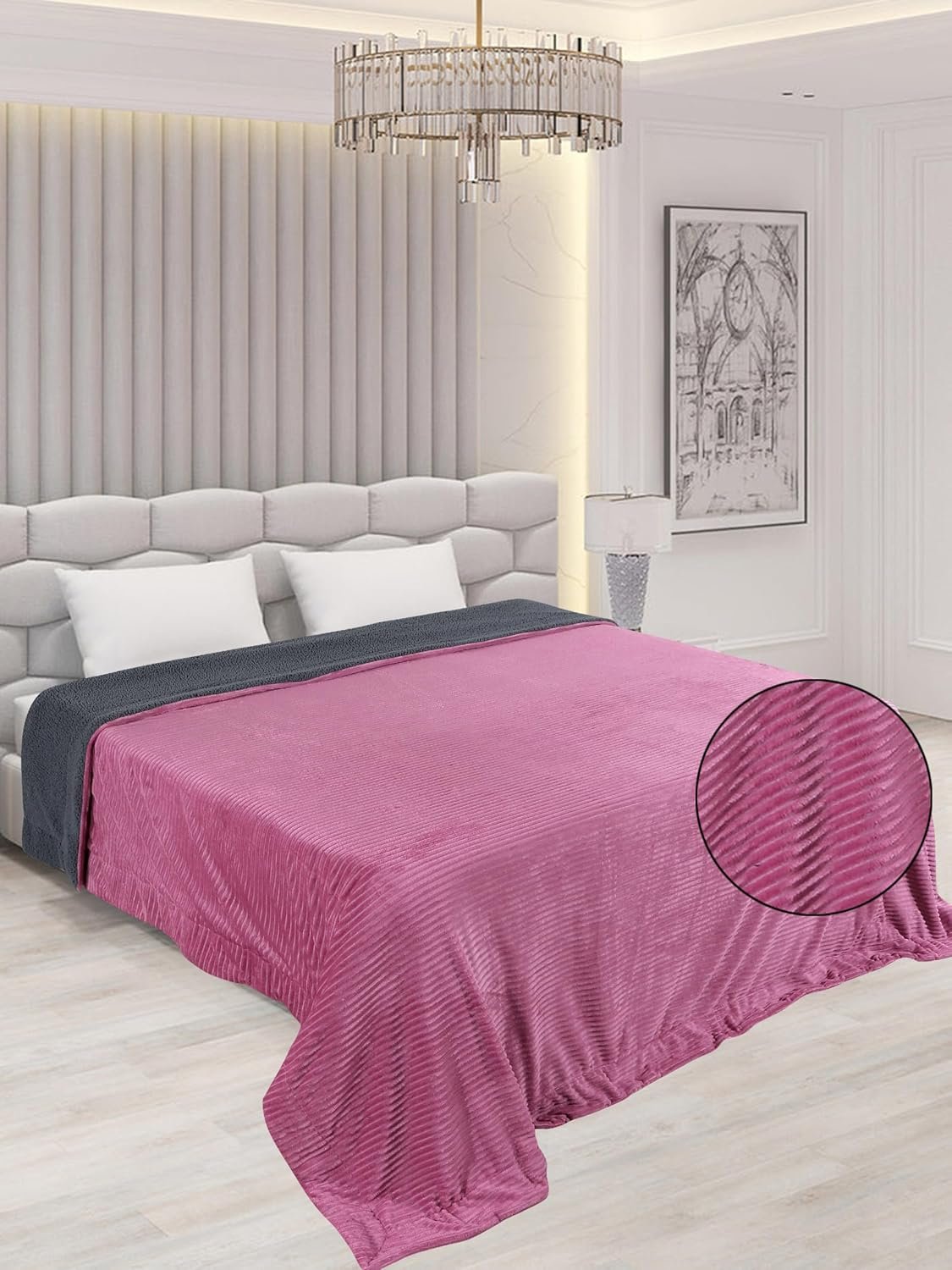RD TREND Premium Blanket Double Bed/Mild Winter Sherpa Blanket Super Soft Stripe Flannel for Bed, Sofa, Couch, Camping and Travel (Pink)