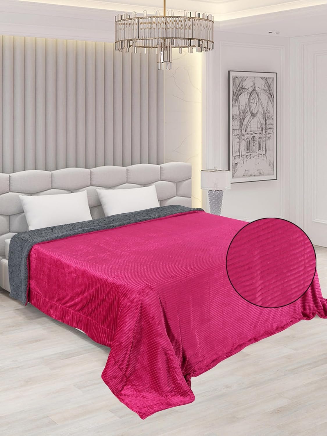 RD TREND Premium Blanket Double Bed/Mild Winter Sherpa Blanket Super Soft Stripe Flannel for Bed, Sofa, Couch, Camping and Travel (Magenta)