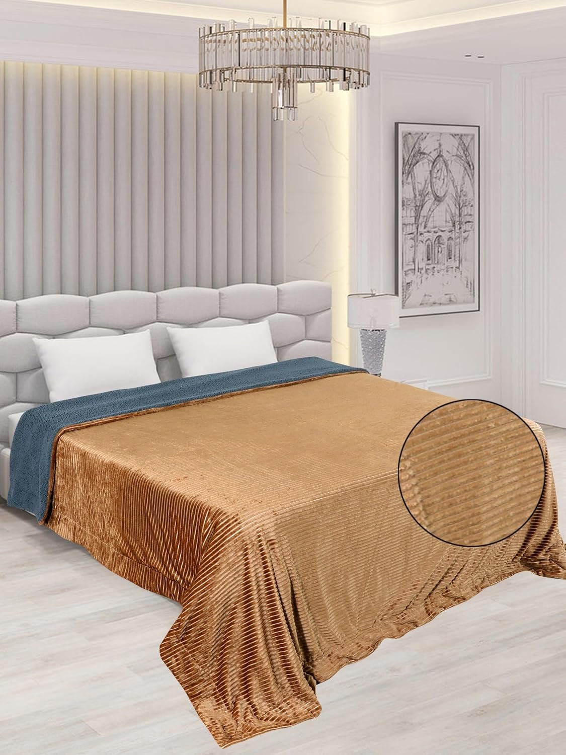 RD TREND Premium Blanket Double Bed/Mild Winter Sherpa Blanket Super Soft Stripe Flannel for Bed, Sofa, Couch, Camping and Travel (Mustard)