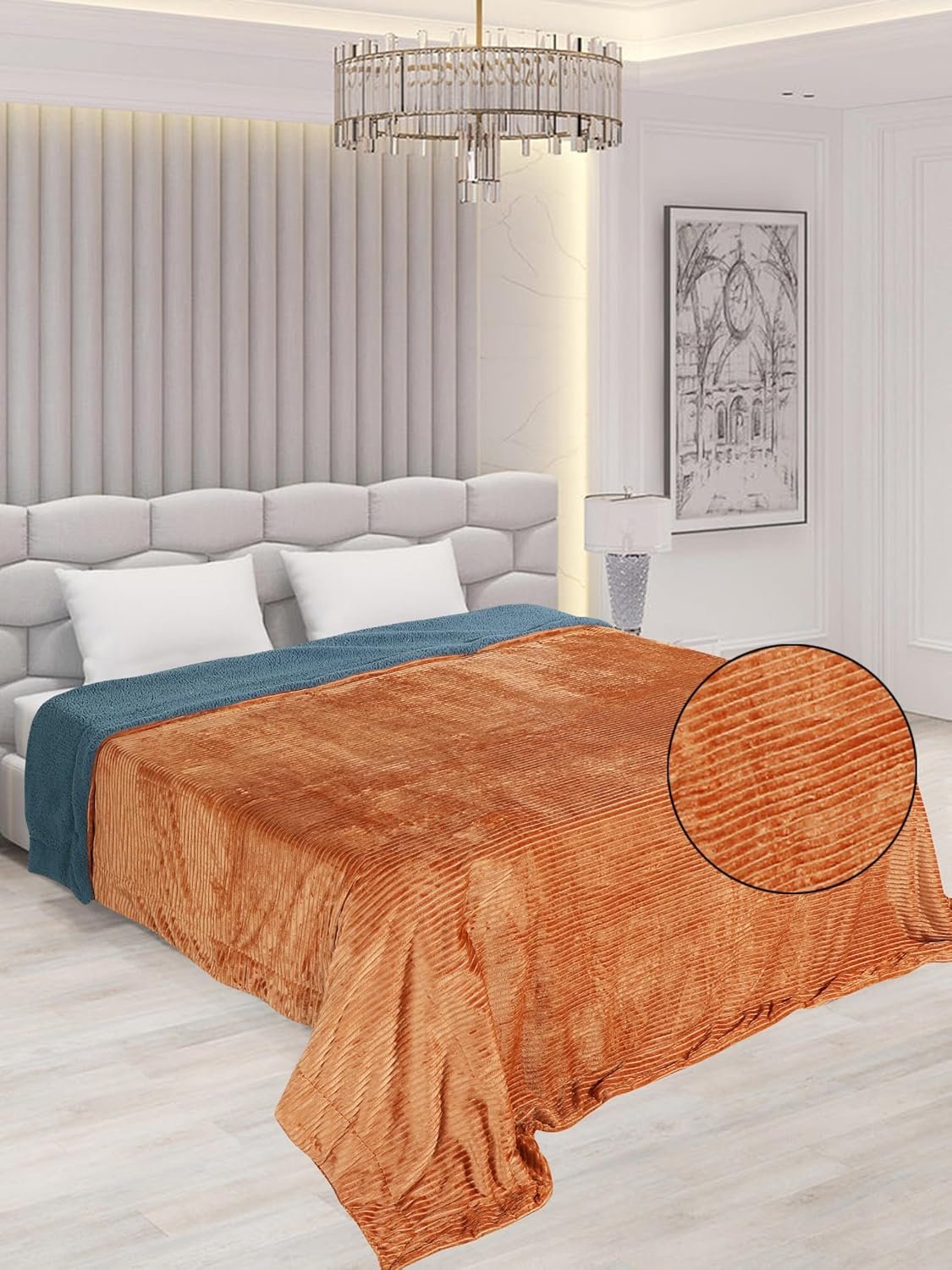 RD TREND Premium Blanket Double Bed/Mild Winter Sherpa Blanket Super Soft Stripe Flannel for Bed, Sofa, Couch, Camping and Travel (Light Mustard)