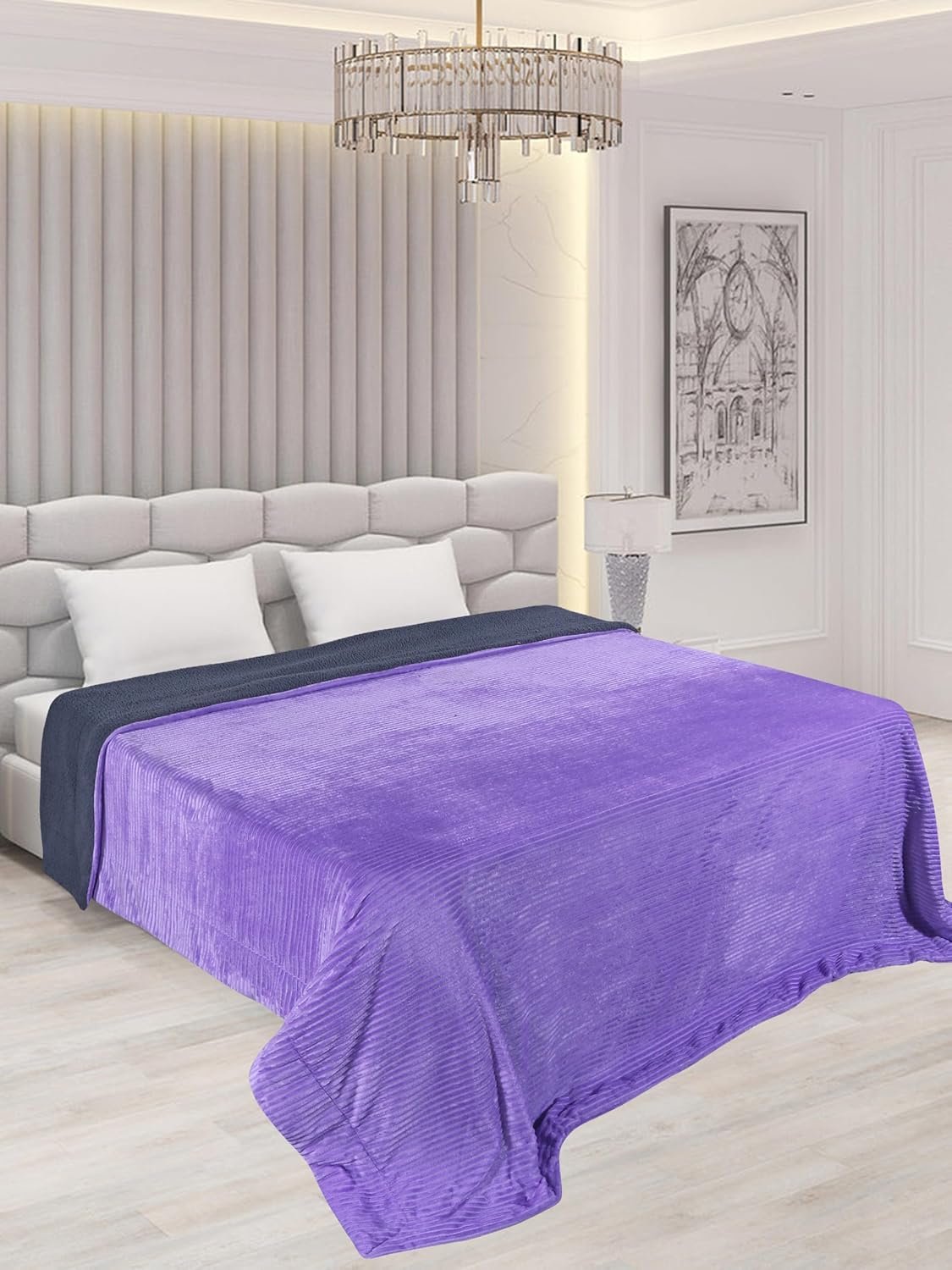 RD TREND Premium Blanket Double Bed/Mild Winter Sherpa Blanket Super Soft Stripe Flannel for Bed, Sofa, Couch, Camping and Travel (Lavender )