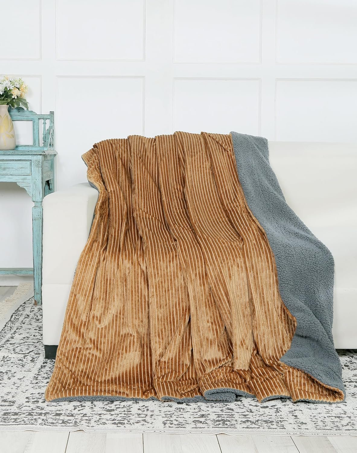 RD TREND Premium Blanket Single Bed/Mild Winter Sherpa Blanket Super Soft Stripe Flannel for Bed, Sofa, Couch, Camping and Travel (Mustard)