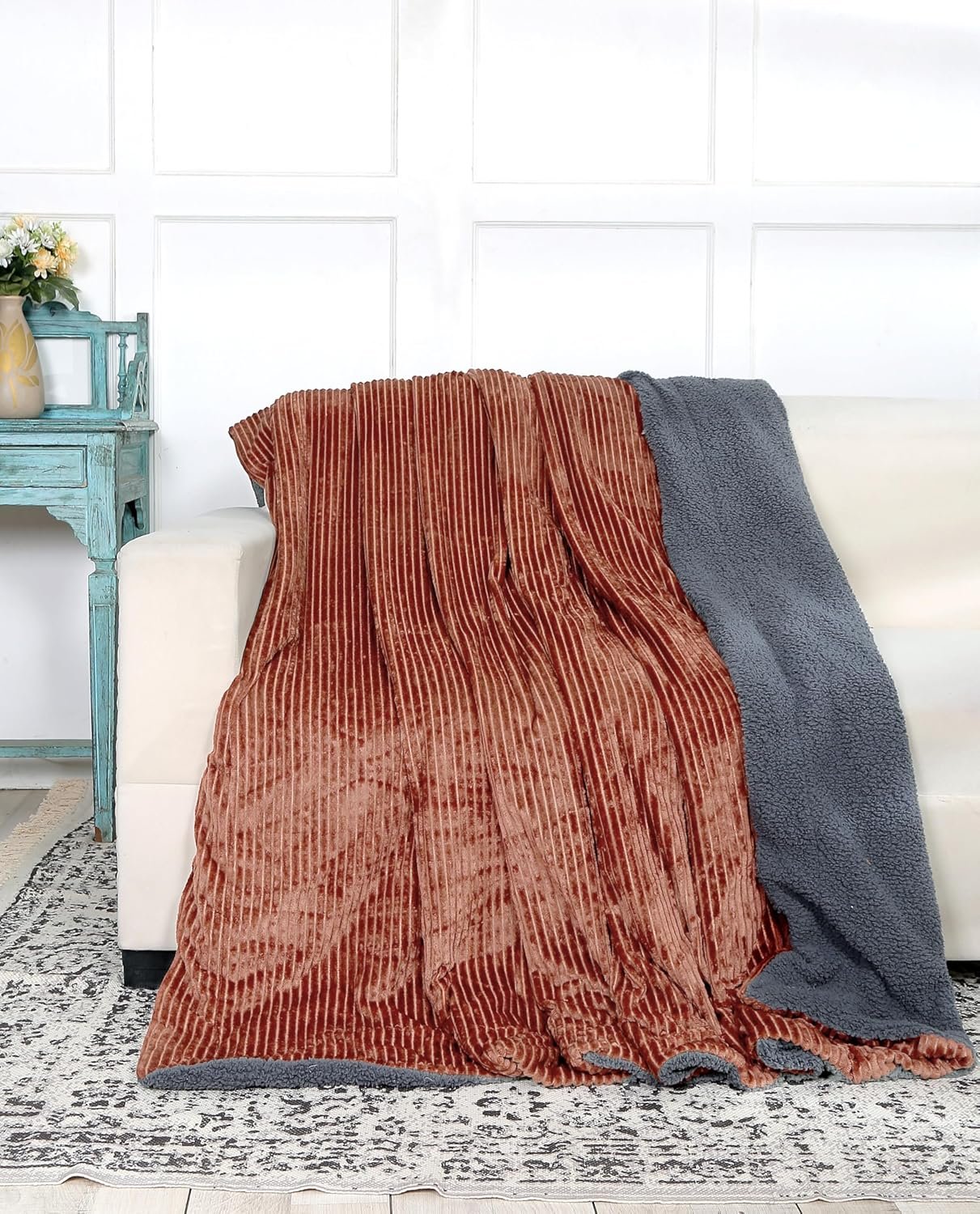 RD TREND Premium Blanket Double Bed/Mild Winter Sherpa Blanket Super Soft Stripe Flannel for Bed, Sofa, Couch, Camping and Travel (Brown)