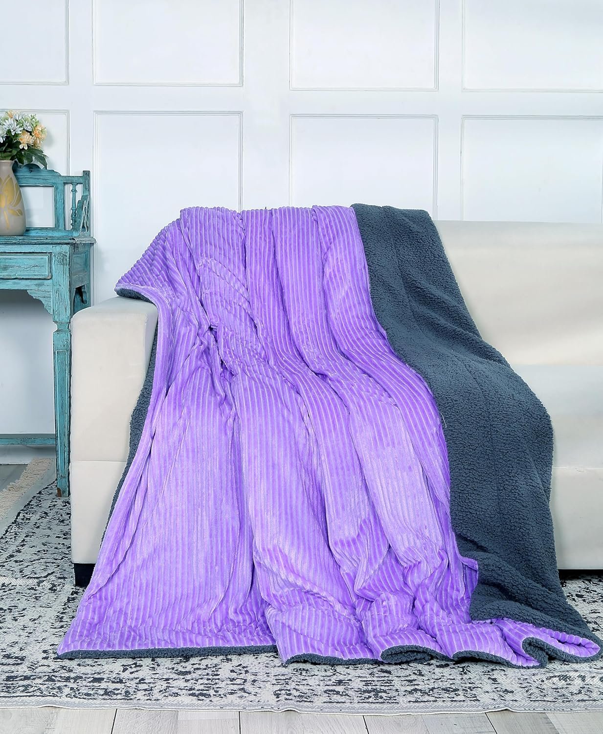 RD TREND Premium Blanket Single Bed/Mild Winter Sherpa Blanket Super Soft Stripe Flannel for Bed, Sofa, Couch, Camping and Travel (Lavender)