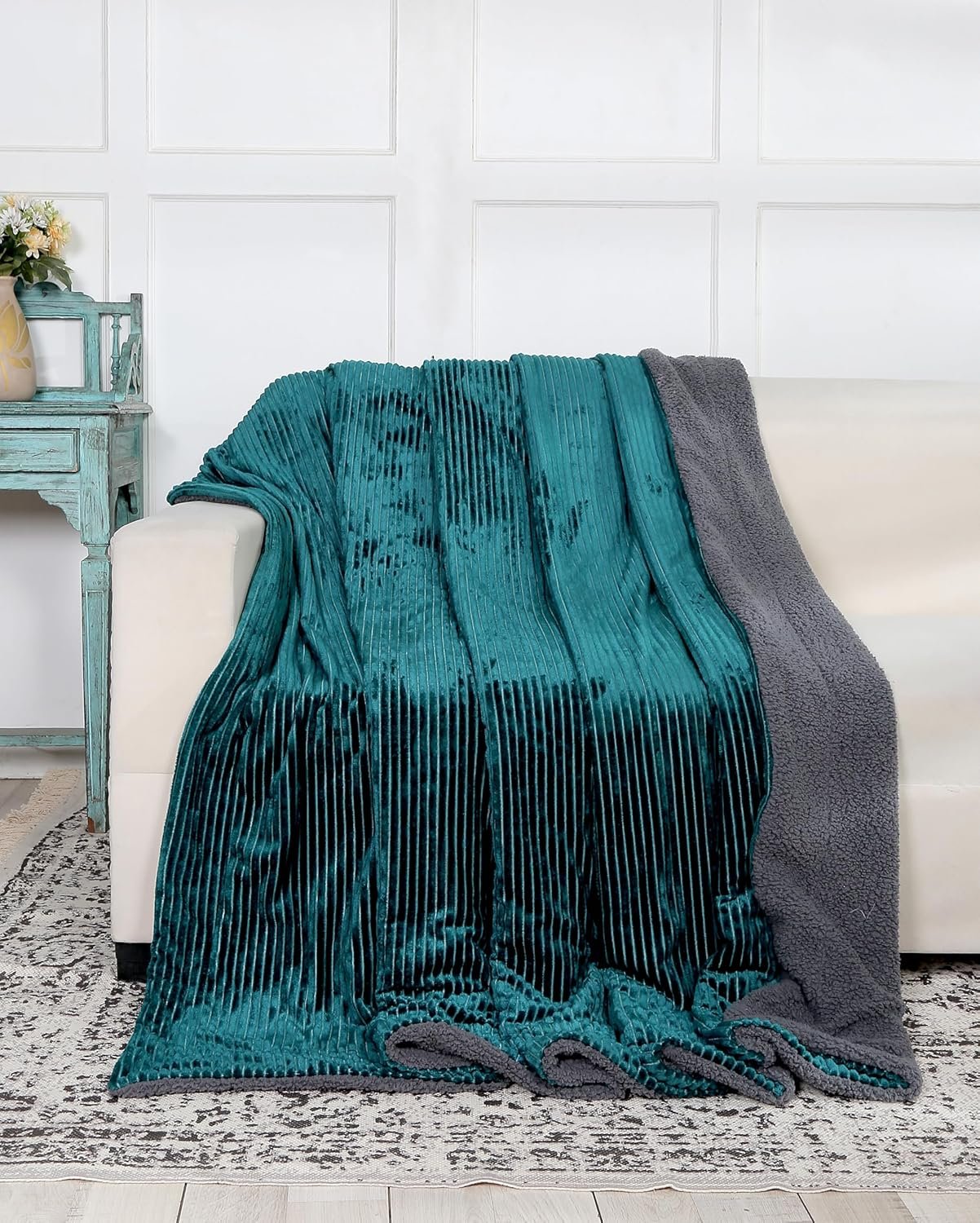 RD TREND Premium Blanket Single Bed/Mild Winter Sherpa Blanket Super Soft Stripe Flannel for Bed, Sofa, Couch, Camping and Travel (Green)