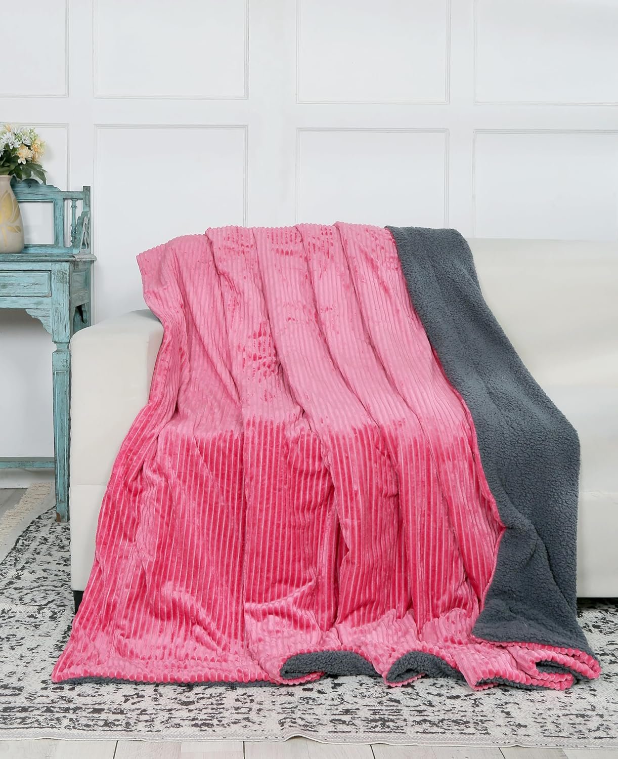 RD TREND Premium Blanket Double Bed/Mild Winter Sherpa Blanket Super Soft Stripe Flannel for Bed, Sofa, Couch, Camping and Travel (Selmon)