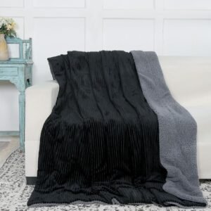 RD TREND Premium Blanket Single Bed/Mild Winter Sherpa Blanket Super Soft Stripe Flannel for Bed, Sofa, Couch, Camping and Travel (Black)