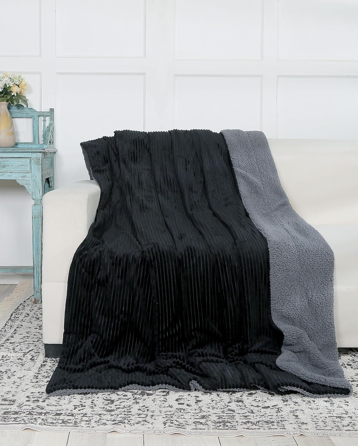RD TREND Premium Blanket Single Bed/Mild Winter Sherpa Blanket Super Soft Stripe Flannel for Bed, Sofa, Couch, Camping and Travel (Black)