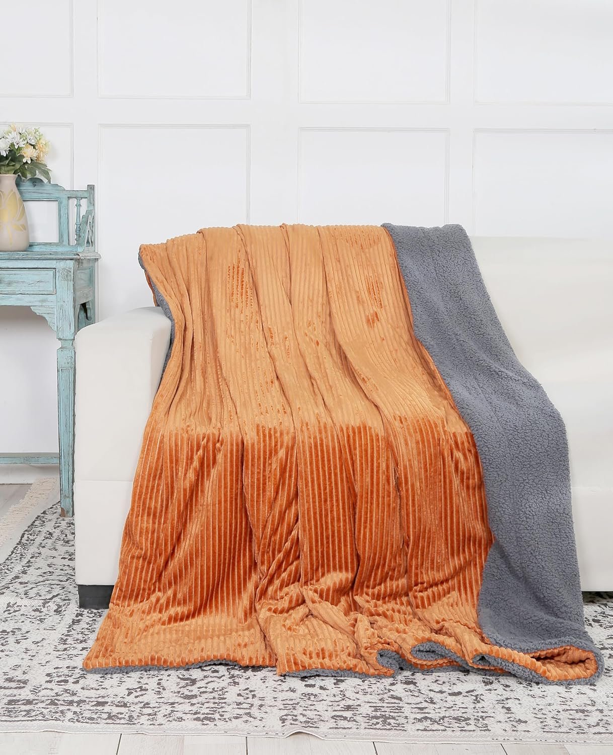 RD TREND Premium Blanket Double Bed/Mild Winter Sherpa Blanket Super Soft Stripe Flannel for Bed, Sofa, Couch, Camping and Travel (Light Mustard)