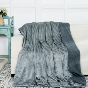 RD TREND Premium Blanket Single Bed/Mild Winter Sherpa Blanket Super Soft Stripe Flannel for Bed, Sofa, Couch, Camping and Travel (Grey)