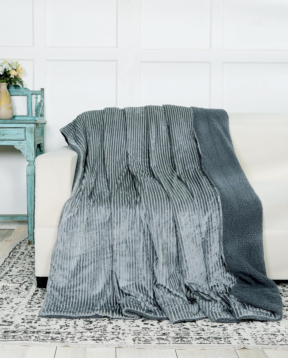 RD TREND Premium Blanket Single Bed/Mild Winter Sherpa Blanket Super Soft Stripe Flannel for Bed, Sofa, Couch, Camping and Travel (Grey)