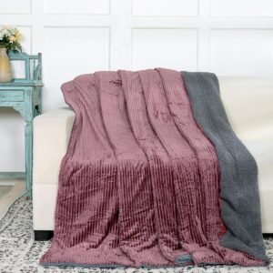 RD TREND Premium Blanket Double Bed/Mild Winter Sherpa Blanket Super Soft Stripe Flannel for Bed, Sofa, Couch, Camping and Travel (Wine)