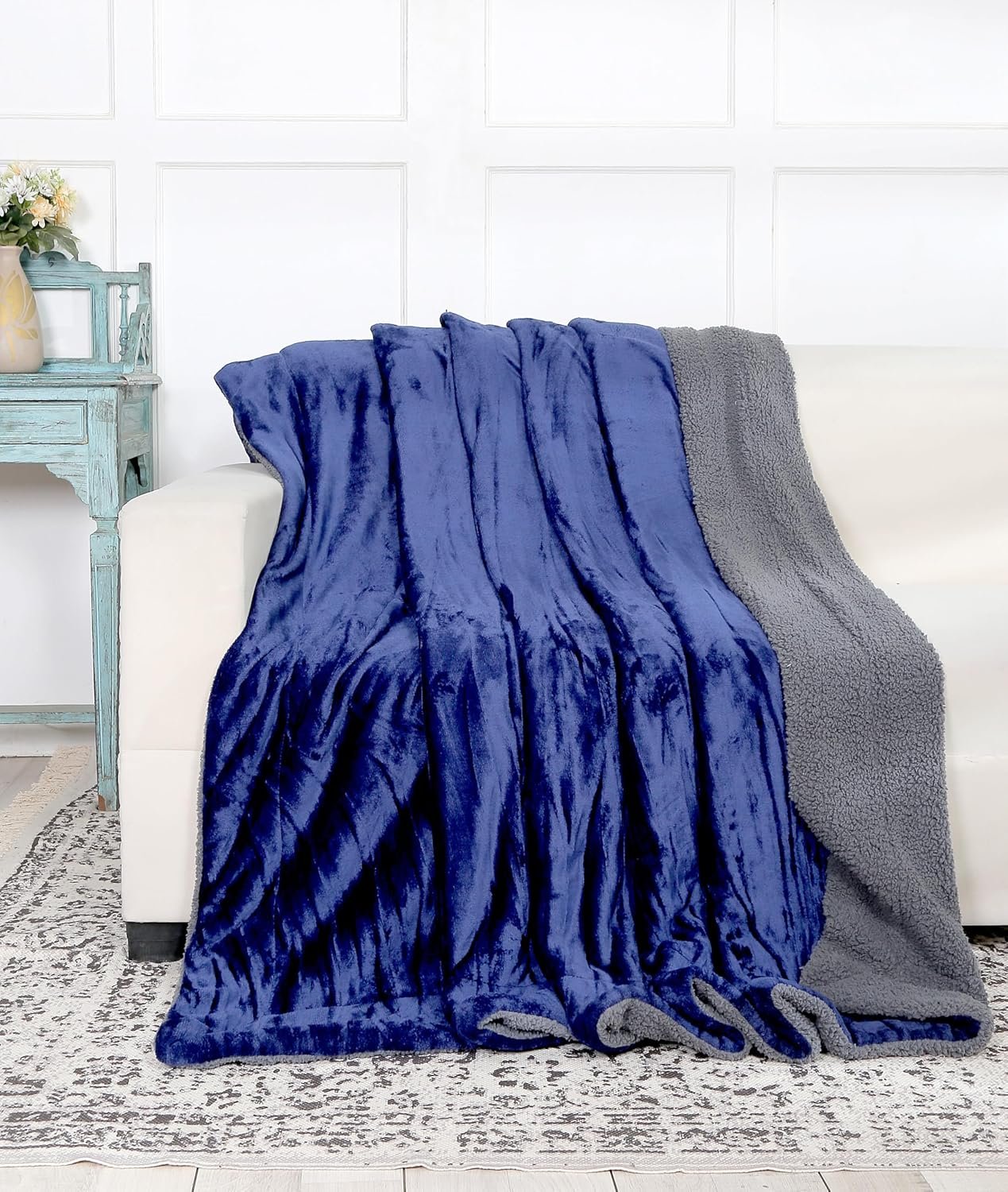 RD TREND Premium Double Bed/Mild Winter Sherpa Blanket Super Soft Flannel for Bed, Sofa, Couch, Camping and Travel (Plain) (Blue)