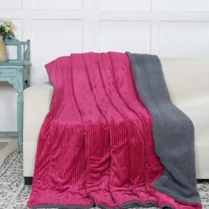 RD TREND Premium Blanket Single Bed/Mild Winter Sherpa Blanket Super Soft Stripe Flannel for Bed, Sofa, Couch, Camping and Travel (Magenta)