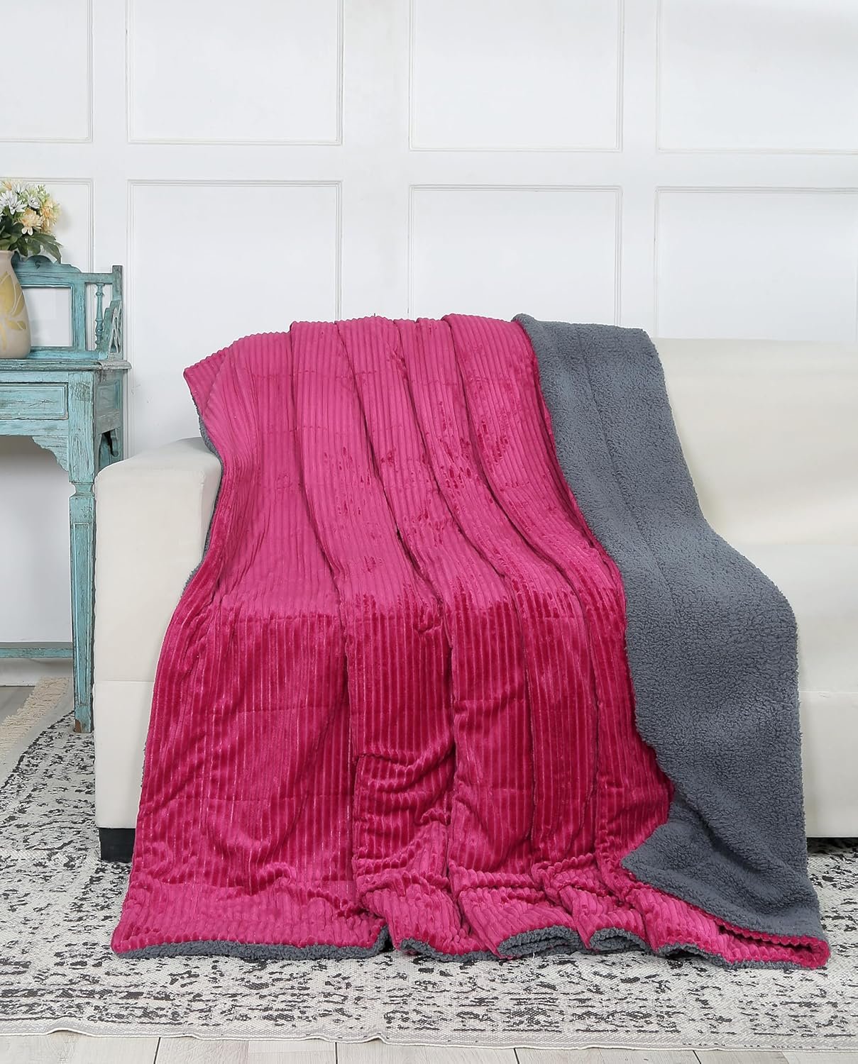 RD TREND Premium Blanket Single Bed/Mild Winter Sherpa Blanket Super Soft Stripe Flannel for Bed, Sofa, Couch, Camping and Travel (Magenta)